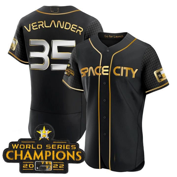 #35 Justin Verlander Houston Astros 2023 SPACE CITY CHAMPIONS FLEX JERSEY ¨C black ALL STITCHED Baseball Jerseys