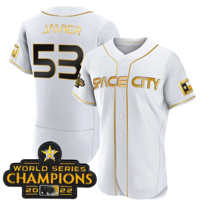 #53 Cristian Javier Houston Astros WHITE 2023 SPACE CITY CHAMPIONS FLEX JERSEY ¨C ALL STITCHED Baseball Jerseys