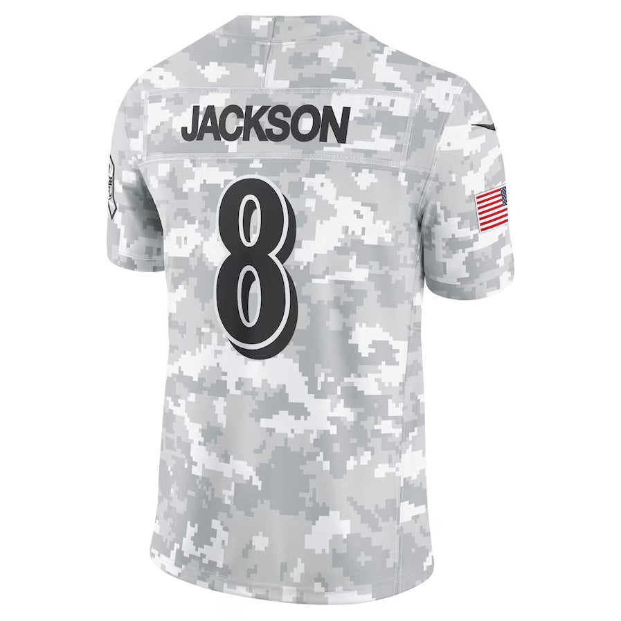 Baltimore Ravens #8 Lamar Jackson Arctic Camo 2024 Salute to Service Limited  Stitched American Football Jerseys