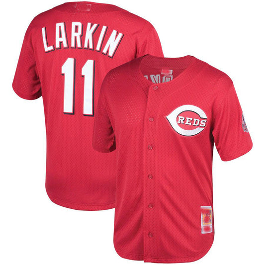 Cincinnati Reds #11 Barry Larkin Mitchell & Ness Red Throwback Cooperstown Mesh Batting Practice Jersey Baseball Jerseys