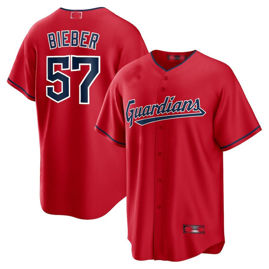 Cleveland Guardians #57 Shane Bieber Red Alternate Replica Player Jersey Baseball Jerseys