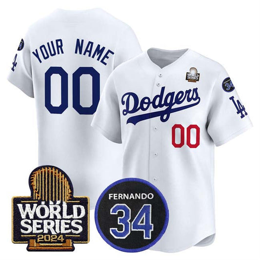 Custom Los Angeles Dodgers ACTIVE PLAYER White 2024 World Series With Fernando Memorial Patch Limited Stitched Baseball Jersey