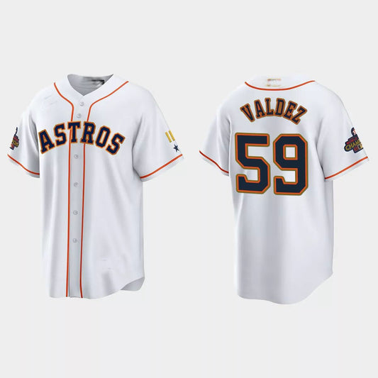 #59 Framber Valdez Houston Astros 2023 Gold Program Jersey ¨C White Stitches Baseball Jerseys