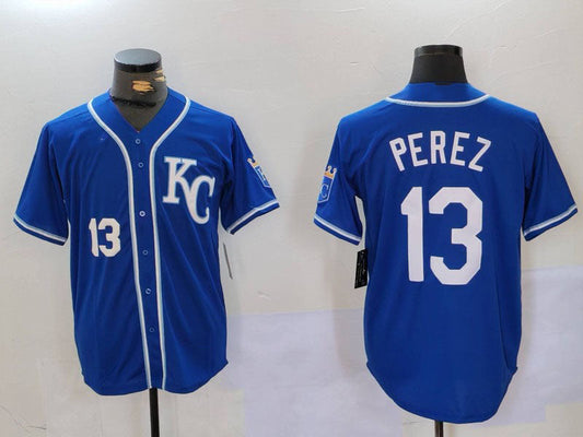 Kansas City Royals #13 Salvador Perez Number Blue KC Cool Base Stitched Baseball Jerseys