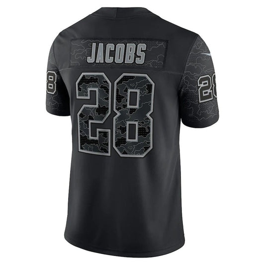 L.Raiders #28 Josh Jacobs Black RFLCTV Limited Jersey Stitched American Football Jerseys