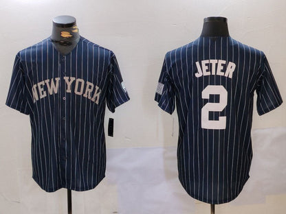 New York Yankees #2 Derek Jeter Navy Pinstripe Fashion Cool Base Baseball Jersey