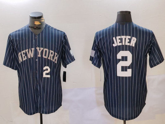 New York Yankees #2 Derek Jeter Navy Pinstripe Fashion Cool Base Baseball Jersey