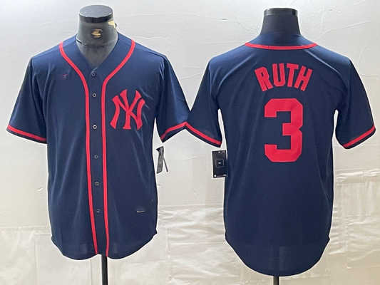 New York Yankees #3 Babe Ruth Navy Red Fashion Cool Base Baseball Jersey