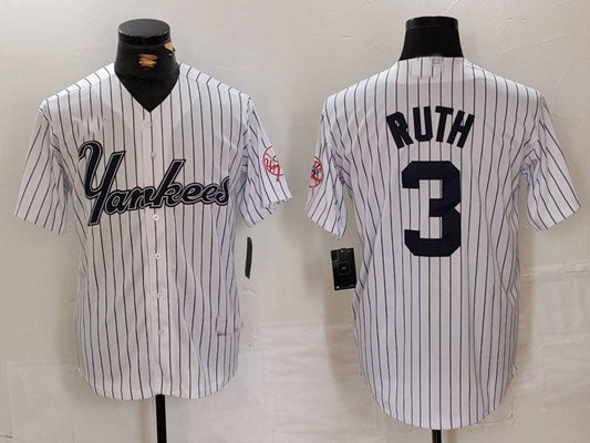 New York Yankees #3 Babe Ruth White Pinstripe Fashion Cool Base Baseball Jerseys