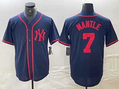 New York Yankees #7 Mickey Mantle Navy Red Fashion Cool Base Baseball Jersey