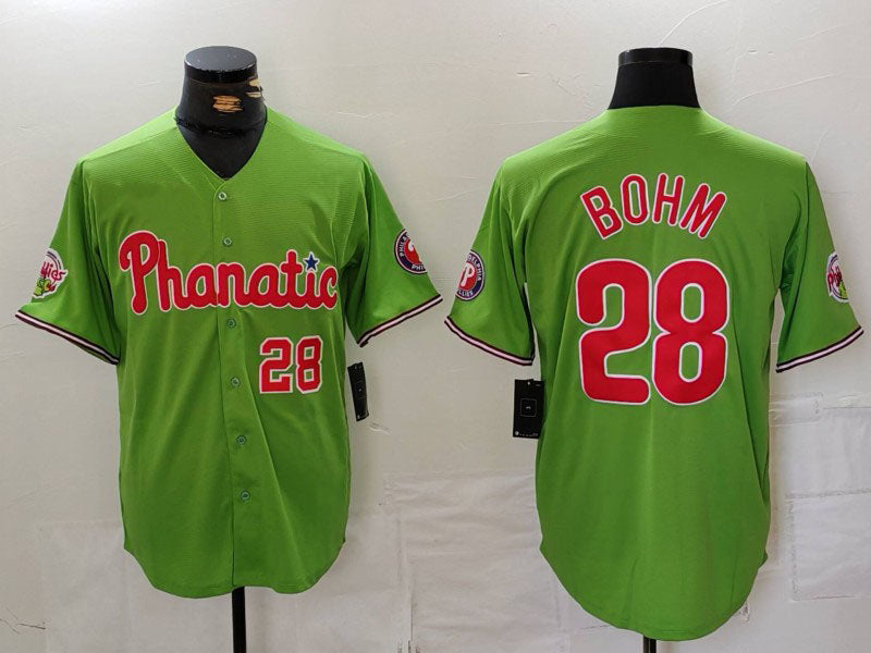 Philadelphia Phillies #28 Alec Bohm Number Green With Patch Stitched Cool Base Baseball Jersey