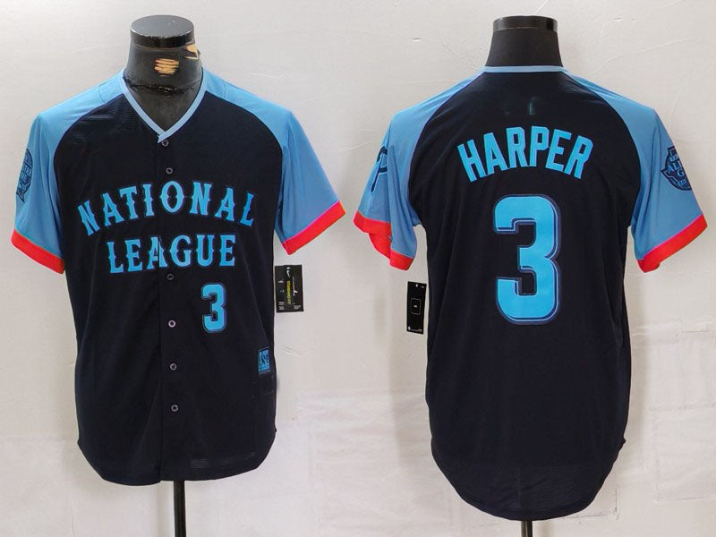 Philadelphia Phillies #3 Bryce Harper Number Navy 2024 All Star Limited Stitched Baseball Jersey