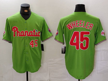 Philadelphia Phillies #45 Zack Wheeler Number Green With Patch Stitched Cool Base Baseball Jersey