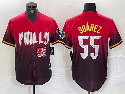 Philadelphia Phillies #55 Ranger Suarez Red 2024 City Player Number Cool Base Baseball Jersey