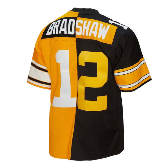 Pittsburgh Steelers #12 Terry Bradshaw Mitchell & Ness 1976 Split Legacy Replica Jersey - Black/Gold Stitched American Football Jerseys