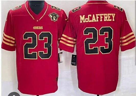 San Francisco 49ers #23 Christian McCaffrey Red 75th Scarlet Game Player Jersey Stitched American Football Jerseys