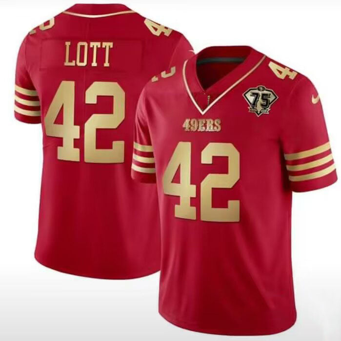 San Francisco 49ers #42 Ronnie Lott Red 75th Scarlet Game Player Jersey Stitched American Football Jerseys