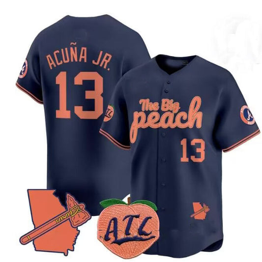 Atlanta Braves #13 Ronald Acuña Jr. NavyThe Big Peach Vapor Stitches Baseball Jersey