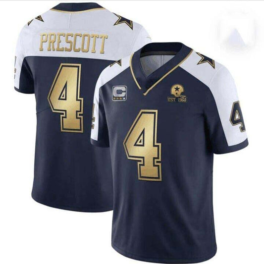 Dallas Cowboys #4 Dak Prescott Navy Team Gold C Patch Stitched American Football Jerseys