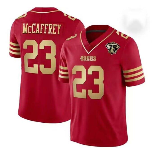 San Francisco 49ers #23 Christian McCaffrey Red 75th Scarlet Game Player Jersey Stitched American Football Jerseys