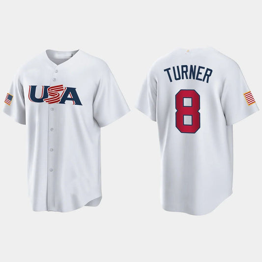 #8 TREA TURNER PHILADELPHIA PHILLIES 2023 WORLD BASEBALL CLASSIC USA REPLICA JERSEY ¨C WHITE Stitches Baseball Jerseys