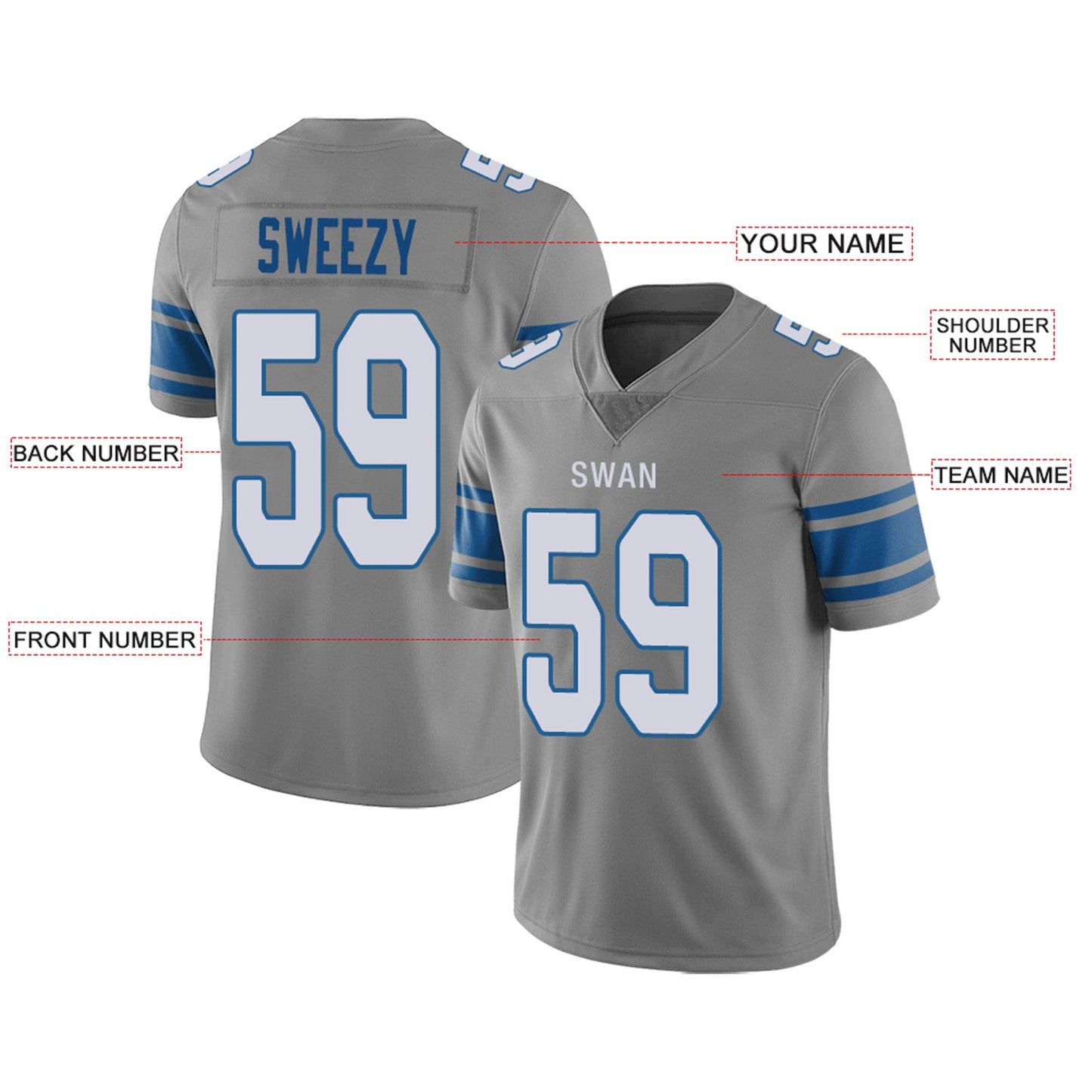 Custom Detroit Lions Football Jersey Team Player or Personalized Design Your Own Name for Men's Women's Youth Jerseys Blue