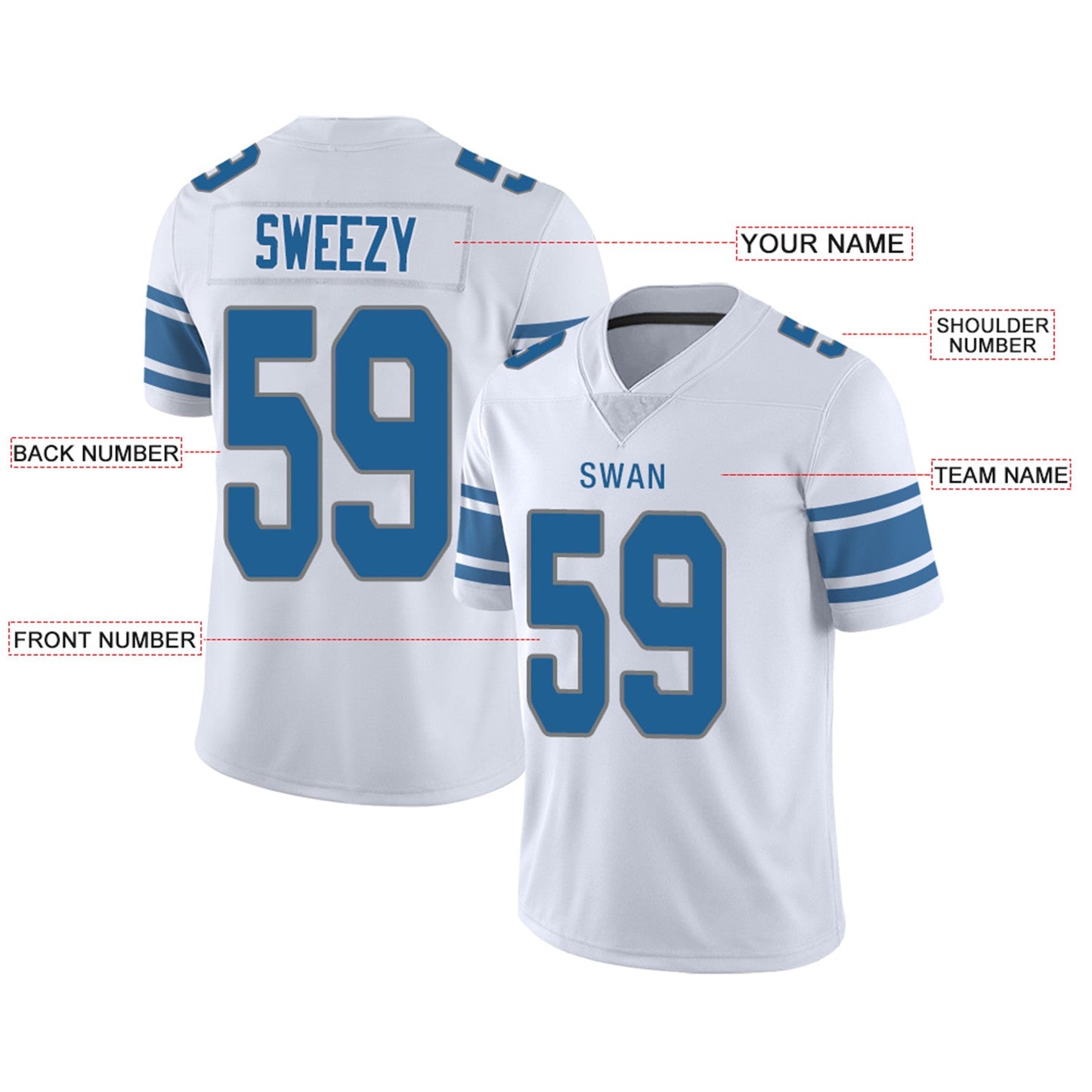 Custom Detroit Lions Football Jersey Team Player or Personalized Design Your Own Name for Men's Women's Youth Jerseys Blue